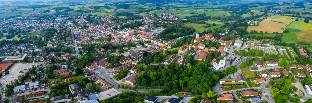 Aerial view of the old town of the city Dorfen in Germany, Bavaria on a sunny spring day mrning.