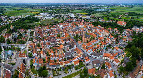 Aerial view of the old town of the city Friedberg in Germany, Bavaria on a sunny spring day.