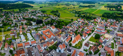 Aerial view of the old town of the city Zusmarshausen in Germany, Bavaria on a sunny spring day in the afternoon..