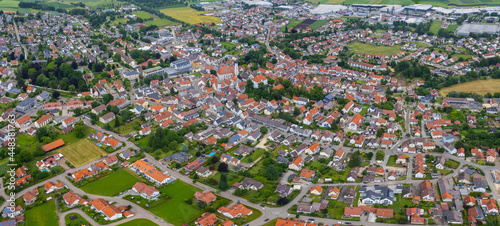 Aerial view of the old town of the city Burgau in Germany, Bavaria on a sunny spring day.