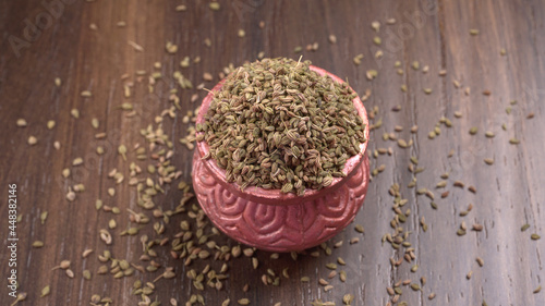 Ajwain Also Know as Ajowan, Caraway or (Trachyspermum Ammi) in spoon and in bowl. photo