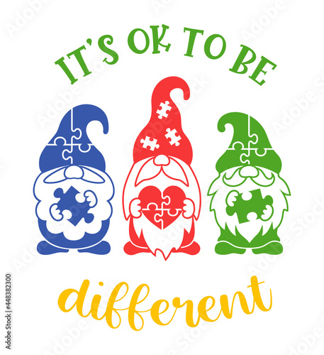 Autism awareness vector concept with gnomes, puzzles and quote: It's ok to be different. Symbol or sign of solidarity. Tolerance in patients with mental disorders.