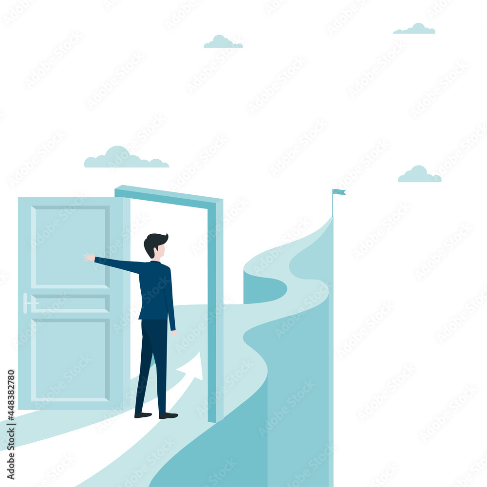 Obraz premium The businessman opens the door towards the target on the mountain