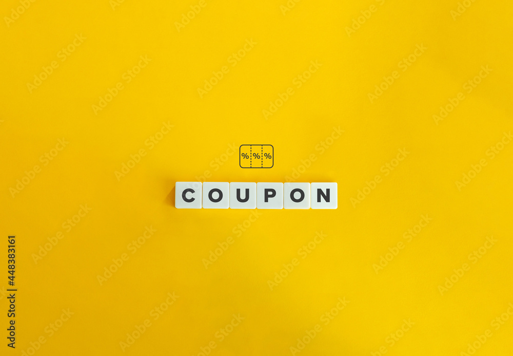 Discount coupon banner and concept. Block letters on bright orange background. Minimal aesthetics. Discount coupon banner and concept. Block letters on bright orange background. Minimal aesthetics.