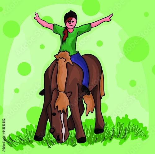 Colored vector illustration - a girl and her horse, bareback happy time