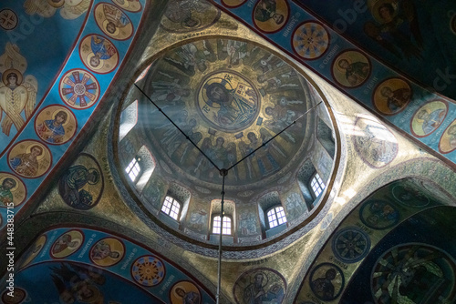 St. Michael's Golden-Domed Cathedral and Monastery or Mykhaylivs’kyi zolotoverkhyi monastyr in Kyiv. Mosaic decorations and painting on the church domes.