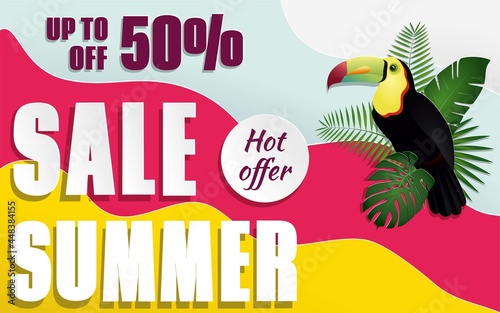 Colorfull summer sale banner with tropical plants and toucan. Vector illustration. 