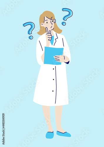 Female doctor or nurse hold document and thinking. Healthcare and medical. Hand draw style. Vector illustration.