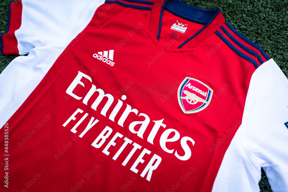 Thailand - July 2021 : Adidas present the new Arsenal team home jersey  season 2021-2022. Sport equipment object, close-up and selective focus.  Stock-Foto | Adobe Stock