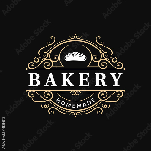 Bakery bread shop vintage ornate luxury typography logo with flourish swirl ornament