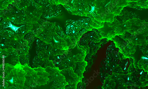 Fractal pattern of green kriptonite stone macro mineral for background, weapons against superman. 3D render