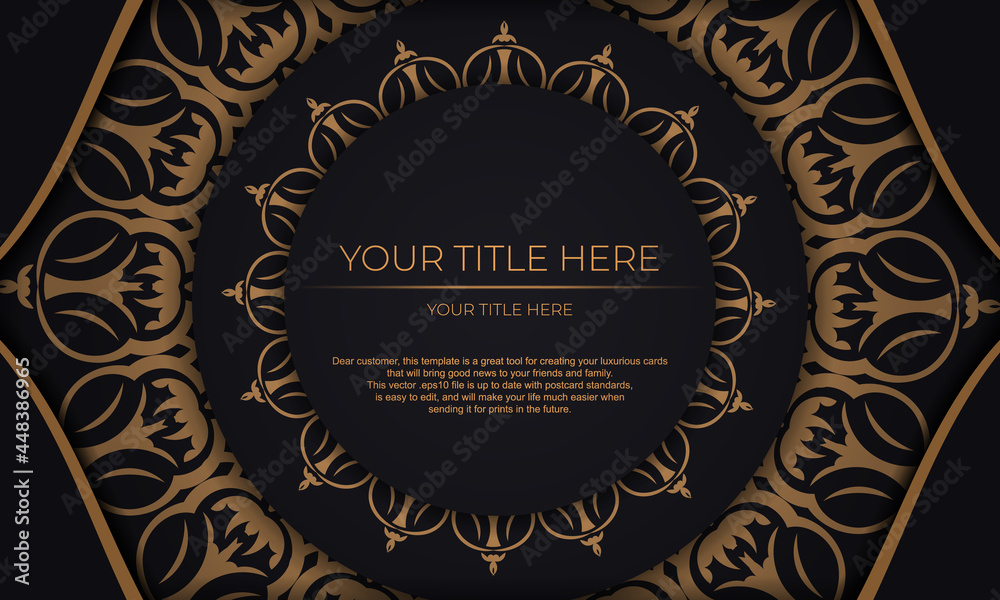 Black vector banner with luxury ornaments and place for your text. Template for printable design invitation card with vintage patterns.