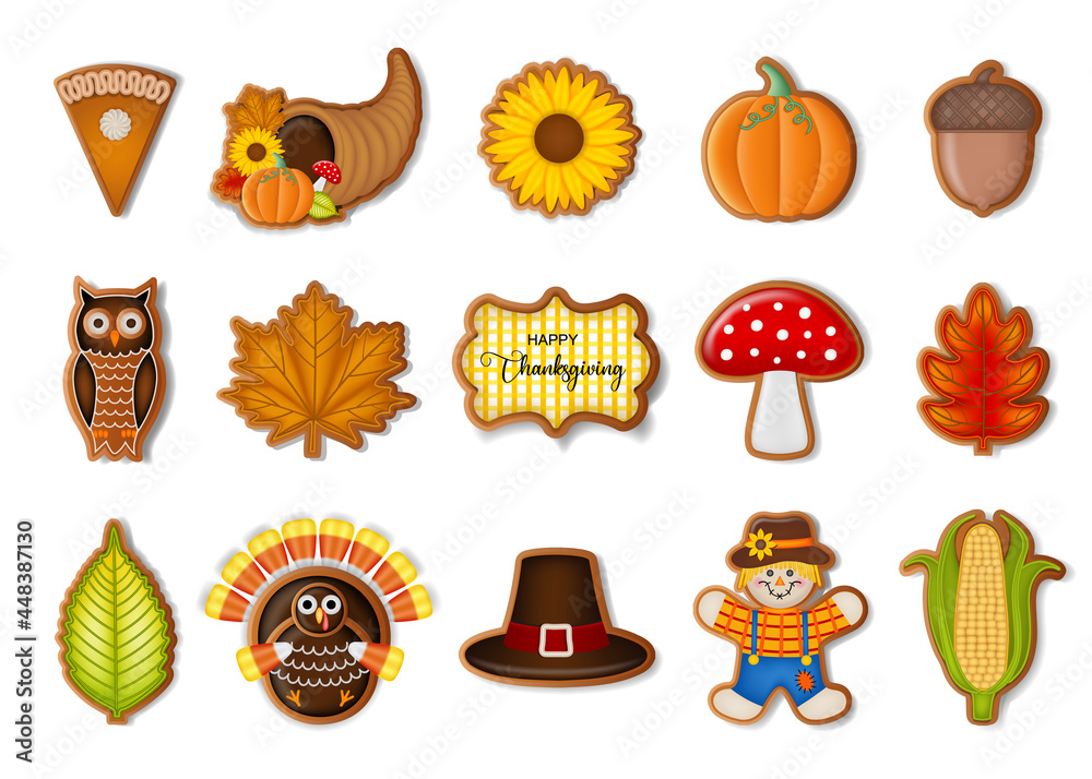 Set of isolated thanksgiving gingerbread cookies Set of isolated thanksgiving gingerbread cookies