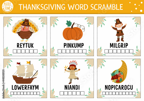 Vector Thanksgiving word scramble activity cards. English language game with cute turkey, pumpkin, pilgrim for kids. Autumn Fall holiday family quiz. Simple educational printable worksheet..