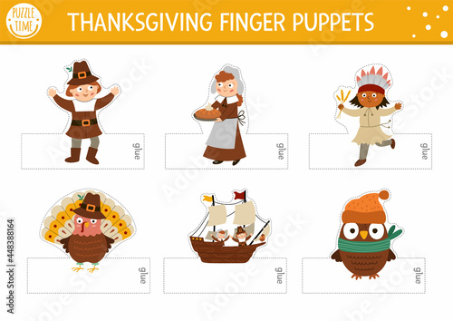 Vector Thanksgiving finger puppets set. Cute paper doll turkey, pilgrim, native American Indian, owl for kids. Autumn Fall holiday cut out craft cards. Simple educational printable game..