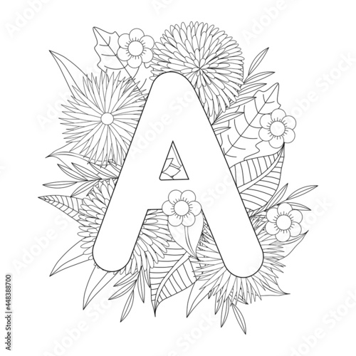 Letter A coloring page. Floral coloring.
