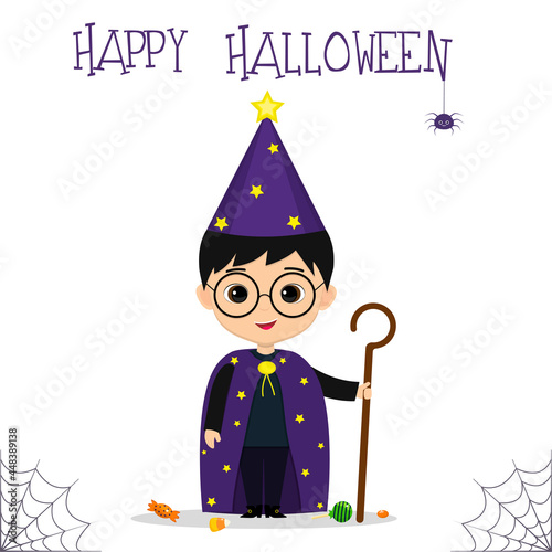 Halloween party. Cute boy dressed in a suit of the astrologer mage with a staff, candies and sweets, a spider and a cobweb. Postcard, vector illustration.