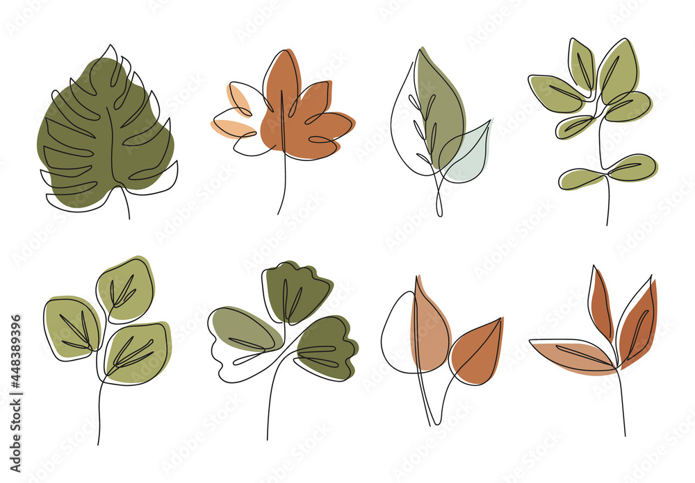 Fototapeta premium One line botanical plant set vector, abstract tropical leaves art one line style, summer leaf elements, floral vector illustration