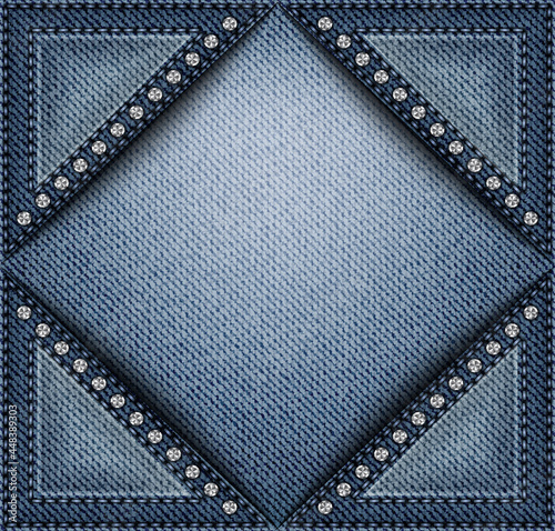 Blue denim banner with triangle pockets with stitches and sequins in angles of background.