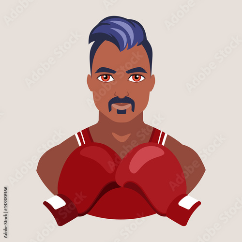 The avatar of a man in a sports jersey holds his fists in front of him in boxing gloves. Boxer. Sports concept. Vector flat illustration.