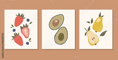 Abstract tropical fruit set, boho tropical elements isolated vector illustration, summer pear, avocado and strawberry fruits art, fruits banner