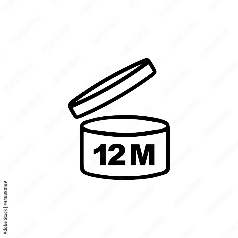 Period after opening PAO symbol. Useful lifetime of cosmetics after package is opened sign. Black drawing icon of pot with number of months representing best before date. Period after opening PAO symbol. Useful lifetime of cosmetics after package is opened sign. Black drawing icon of pot with number of months representing best before date.