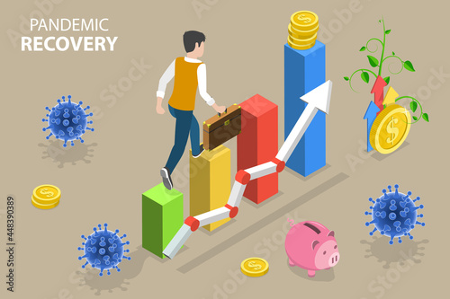 3D Isometric Flat Vector Conceptual Illustration of Pandemic Recovery, Positive Business Growing