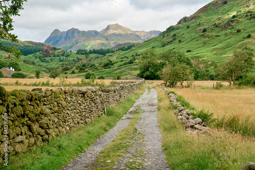 Views of the Lake District, Langdale Pikes and Side Pike using dry stone walls as leading lines
