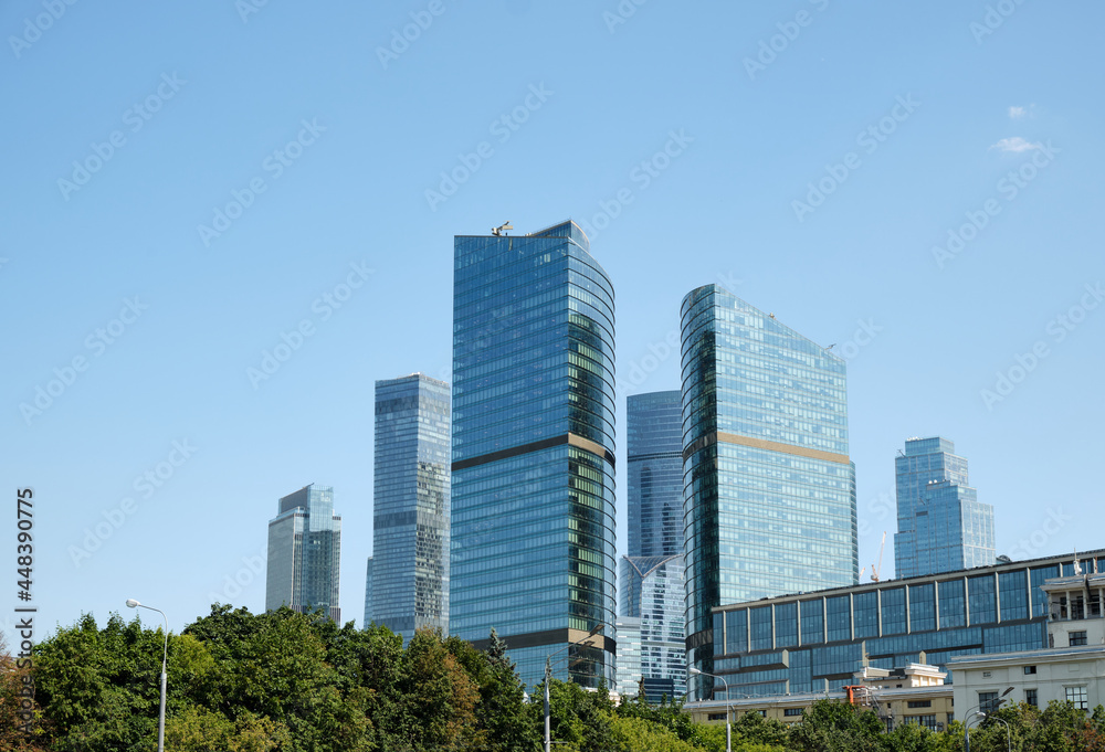 Moscow, Russia - 07.05.2021: Moscow City skyscrapers in a sunny summer day
