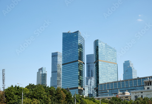 Moscow  Russia - 07.05.2021  Moscow City skyscrapers in a sunny summer day