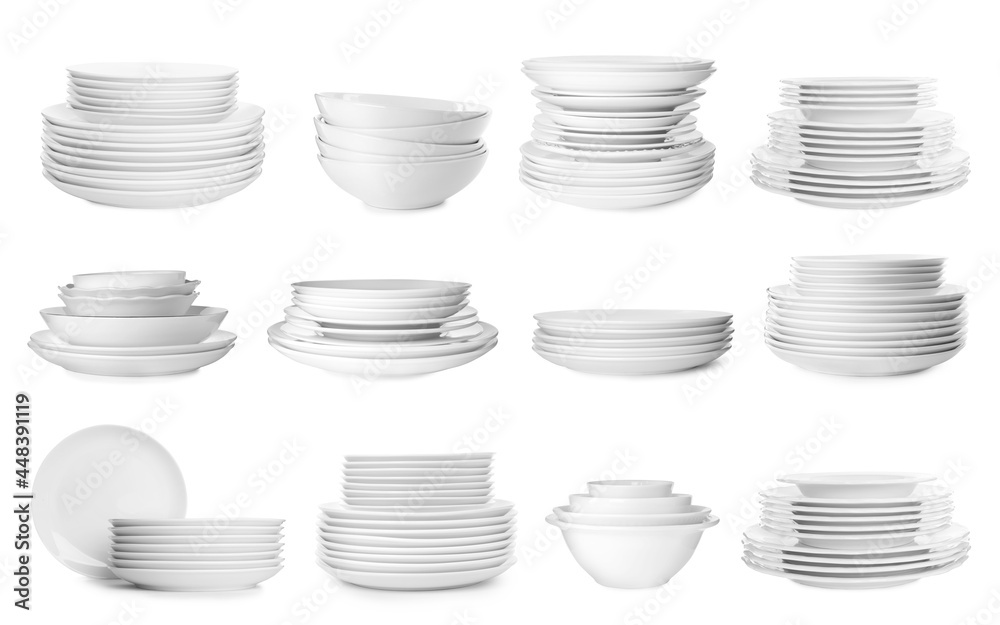 Obraz premium Set with different clean dishware on white background