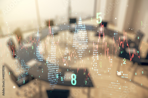 Double exposure of abstract creative financial chart hologram on a modern meeting room background, research and strategy concept