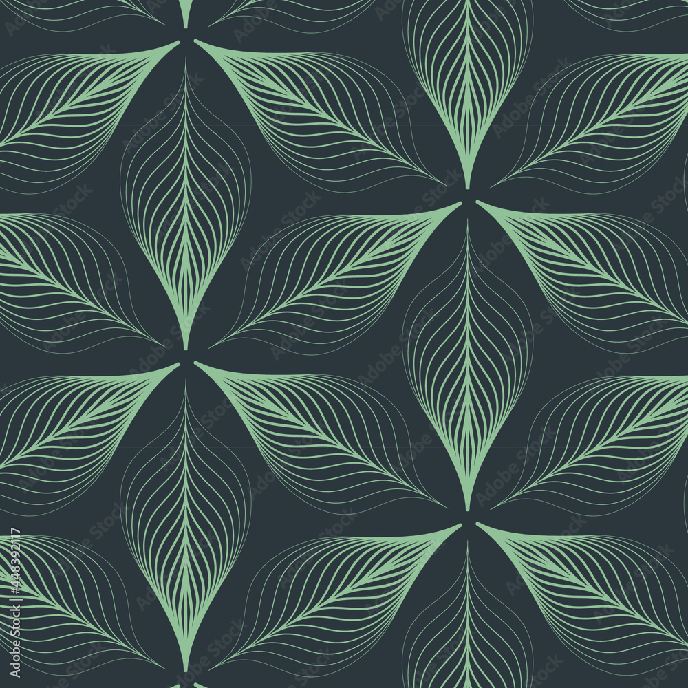 linear vector pattern, repeating abstract leaves, green line of leaf or flower, floral in dark background. graphic clean design for fabric, event, wallpaper etc. pattern is on swatches panel. linear vector pattern, repeating abstract leaves, green line of leaf or flower, floral in dark background. graphic clean design for fabric, event, wallpaper etc. pattern is on swatches panel.