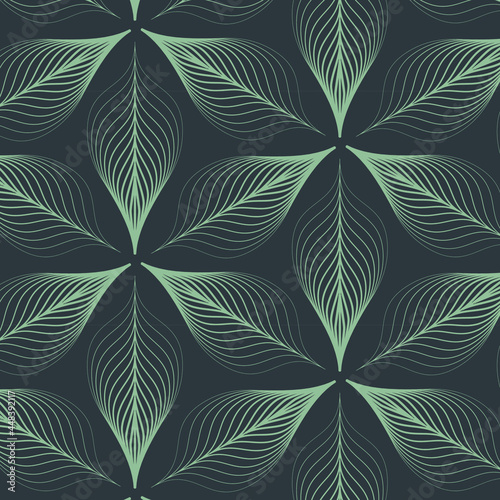 linear vector pattern, repeating abstract leaves, green line of leaf or flower, floral in dark background. graphic clean design for fabric, event, wallpaper etc. pattern is on swatches panel.
