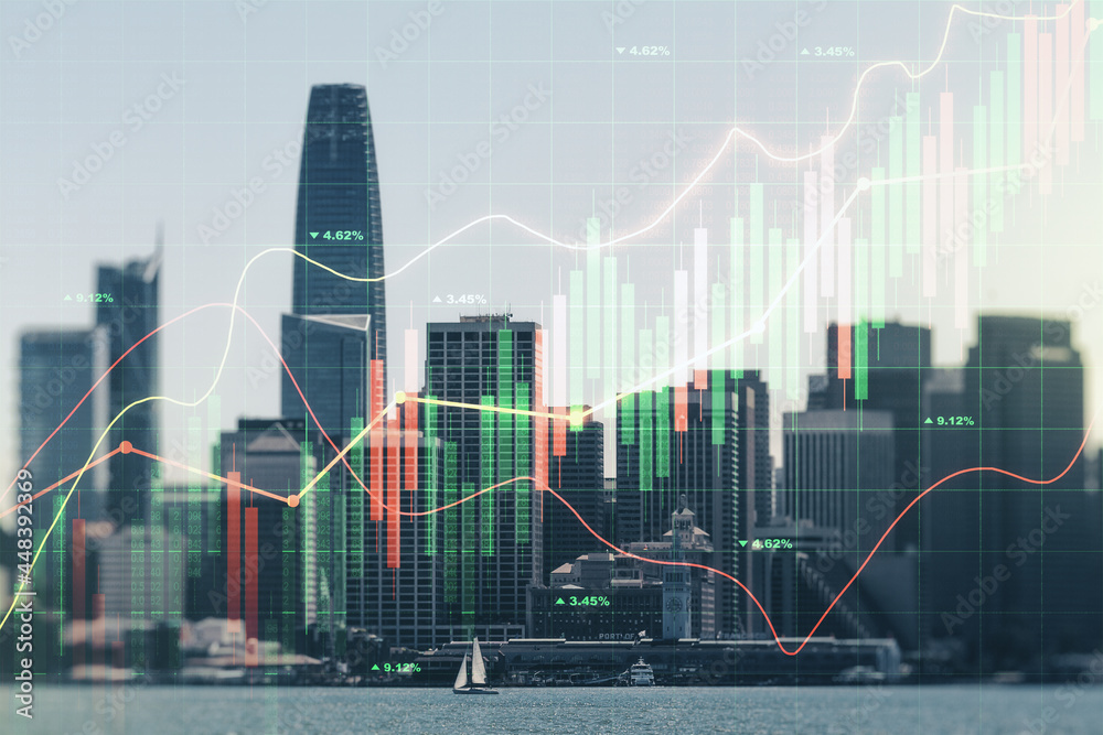 Double exposure of virtual creative financial diagram on San Francisco office buildings background, banking and accounting concept