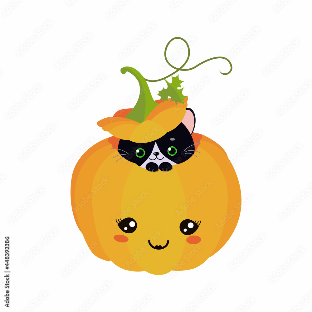 Cute black cat sitting in Halloween pumpkin. Vector illustration, Cartoon flat style