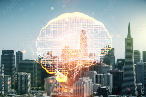 Double exposure of creative artificial Intelligence interface on San Francisco city skyscrapers background. Neural networks and machine learning concept