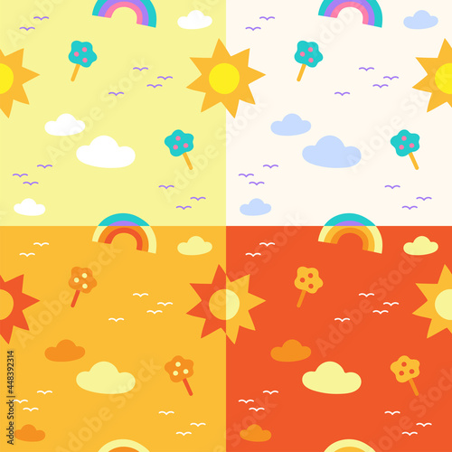 Set of Flat Cute Minimal Day Sky Sun Rainbow Tree Cloud Bird Vector Pattern Design White Yellow Orange Background Editable Stroke. Cartoon Illustration Cloth, Fabric, Textile, Scarf, Wrapping Paper.