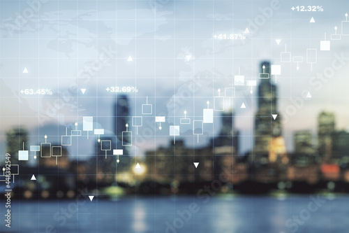Abstract creative financial graph interface and world map on blurry skyline background, forex and investment concept. Multiexposure