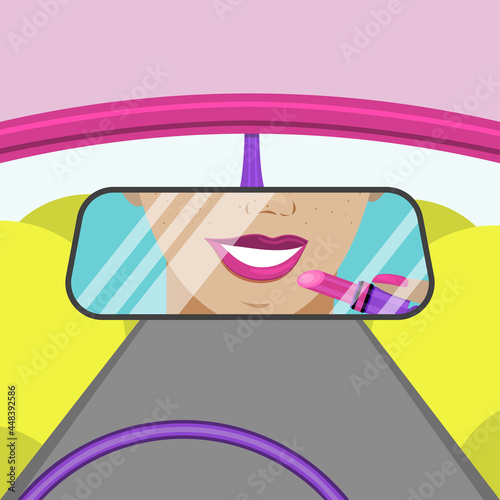 Girl paints lips while driving in rearview mirror. flat vector illustration.