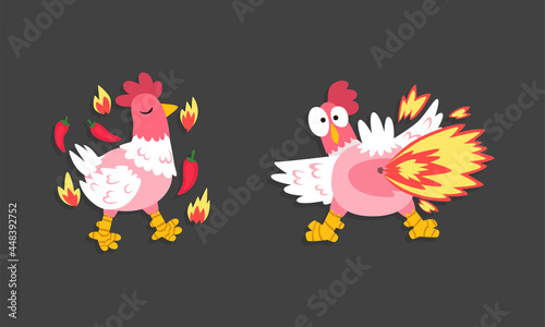 Hot Spicy Chicken with Fire and Chilli Pepper as Grill and Roast Sticker Vector Set