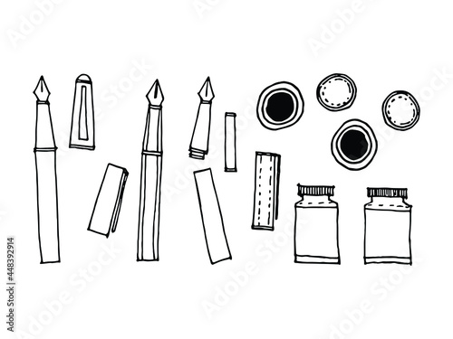 Doodle art of fountain pen and ink set. Graphic element for office and school concept.