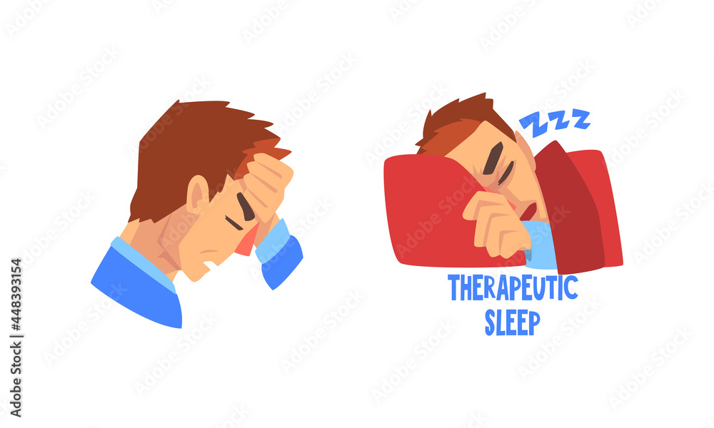 Man Suffering from Severe Headache Holding Hand Against Forehead and Having Therapeutic Sleep Vector Set
