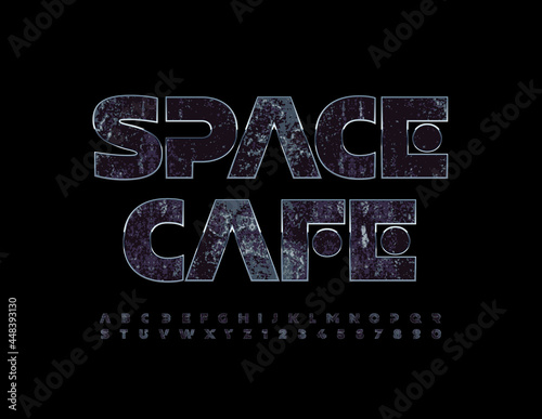 Vector creative logo Space Cafe. Futuristic style Font. Cosmic set of Alphabet Letters and Numbers