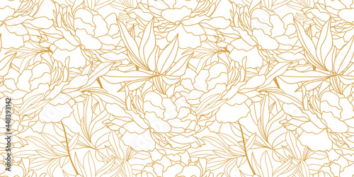 Seamless pattern with gold lines, beautiful leaves of peonies, flowers, and buds of white color.