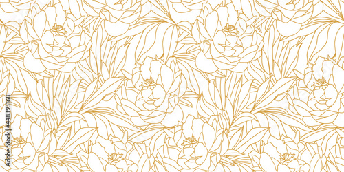 Seamless pattern with gold lines, beautiful leaves of peonies, flowers, and buds of white color.