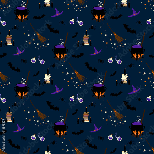 Halloween seamless pattern, background design with witchcraft icons broom, cauldron, spiders, magic books, elixir potions, candle