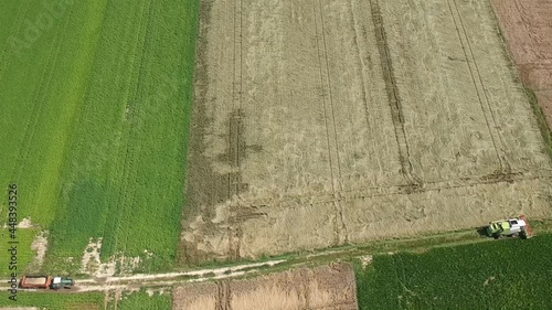 Combine harvester farming being followed by tractor and trailer in collaborative farming effort photo