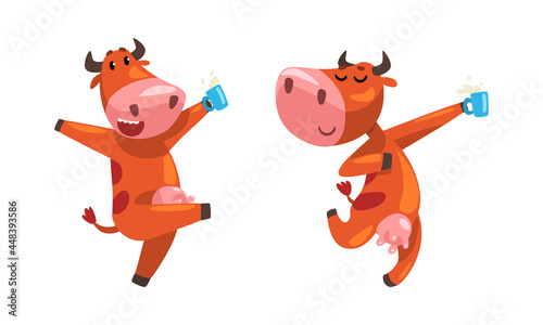Cute Spotted Milk Cow with Udder Drinking Milk from Mug and Jumping Vector Set