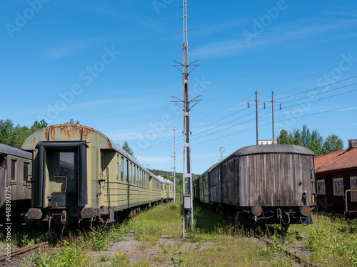 Old derelict train carts stored in a station yard. Train tracks are covered with grass and weeds.